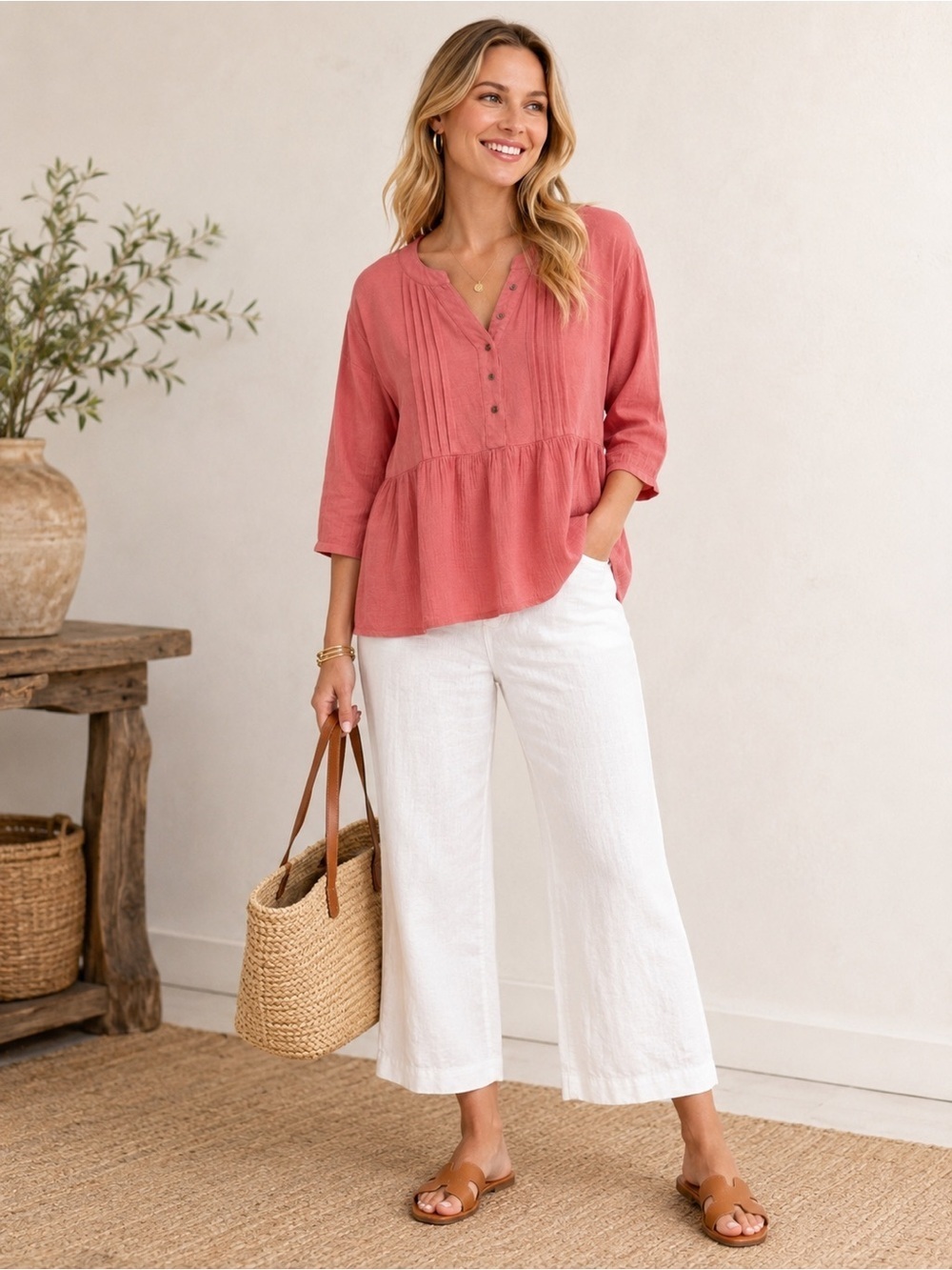 NWT Time and Tru 3/4 Sleeve Relaxed Peplum Top Blouse Coral/Pink Size Small